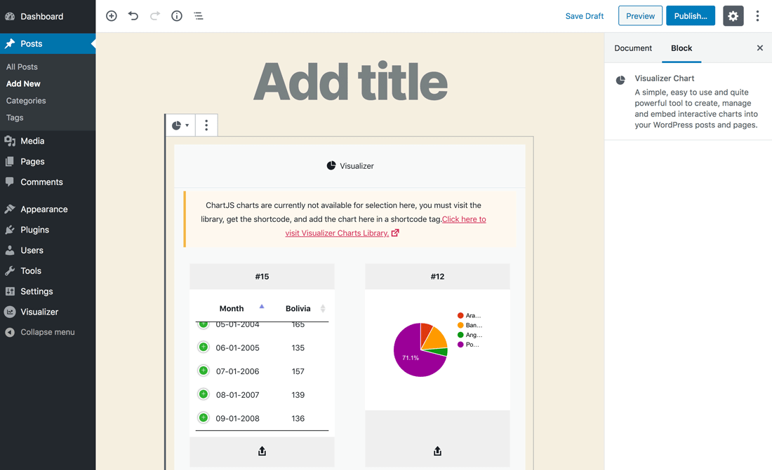 Incorporamento di un grafico mediante l'Editor blocchi.