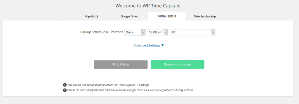 Impostazioni di backup di wptimecapsule