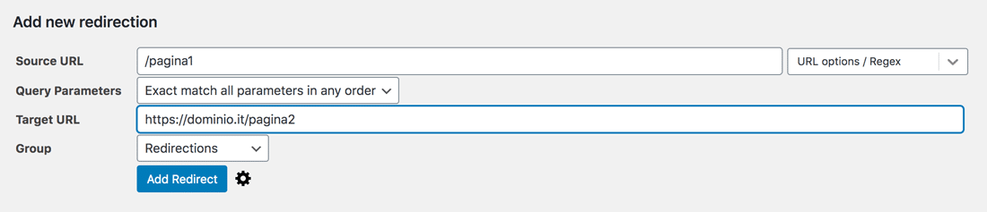 Configurazione del plugin redirect per WordPress