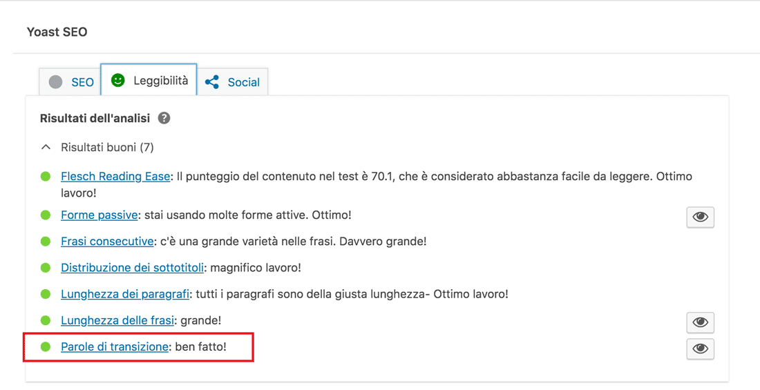 Un esempio di un punteggio di leggibilità di Yoast con l'analisi della parola di transizione evidenziata.