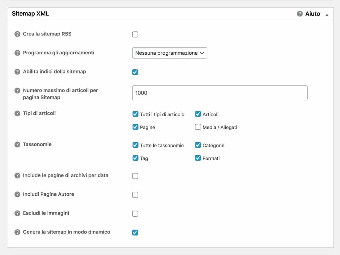 Impostazioni Sitemap avanzate in All in One SEO Pack.