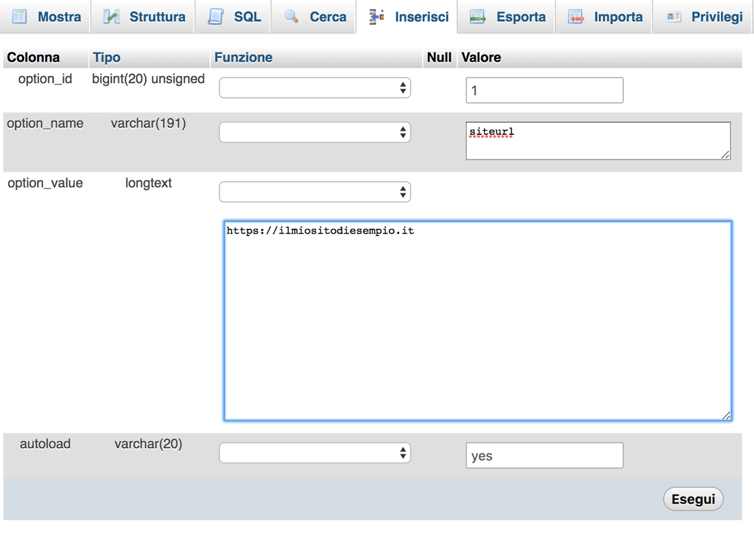 Modifiche al database - cambia l'URL di WordPress