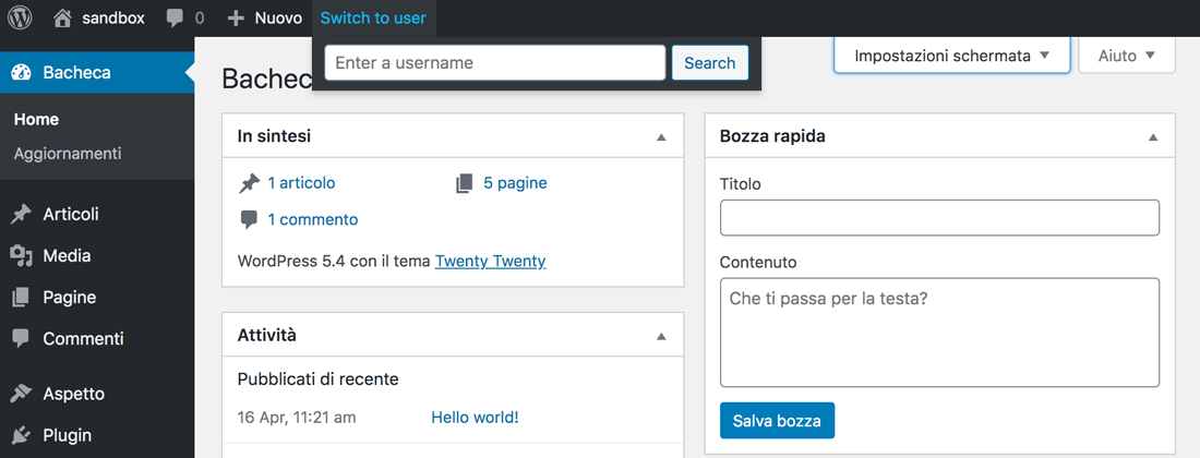 Utilizza la barra di navigazione per passare a un altro account WordPress