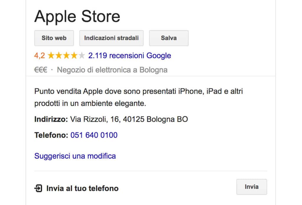 Una scheda Google My business nei risultati locali di Google