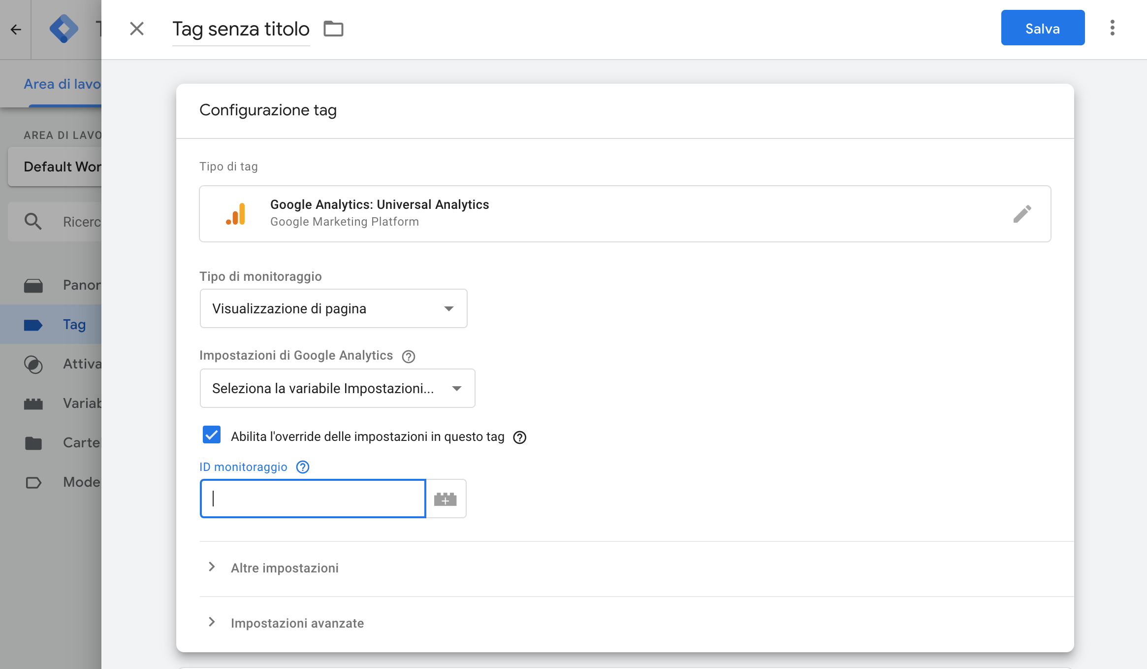 Inserisci il tuo ID di monitoraggio di Analytics