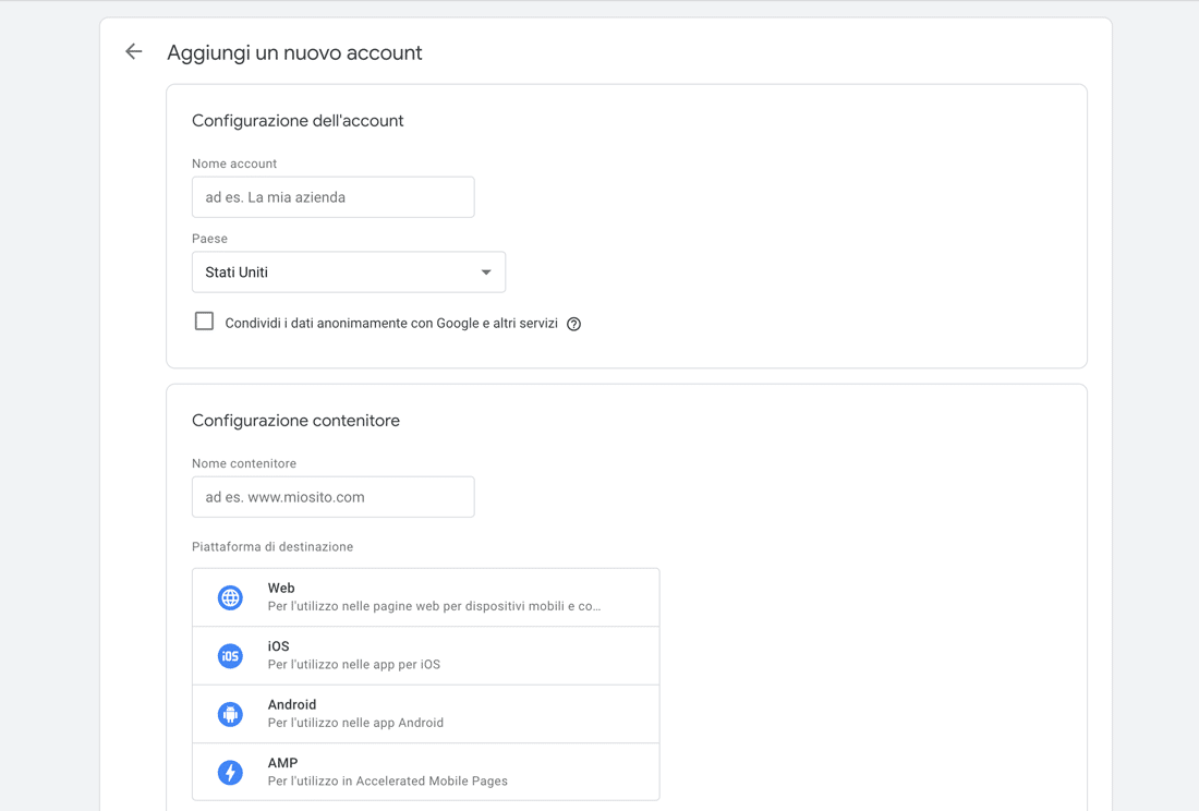 Creazione di un nuovo account Tag Manager