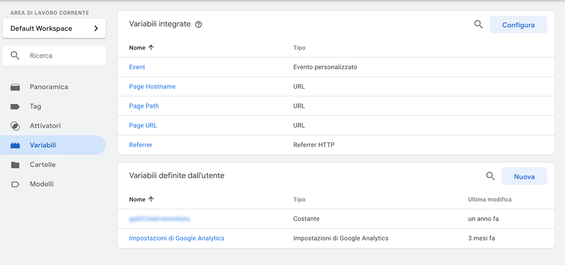 Variabili definite dall'utente di Tag Manager