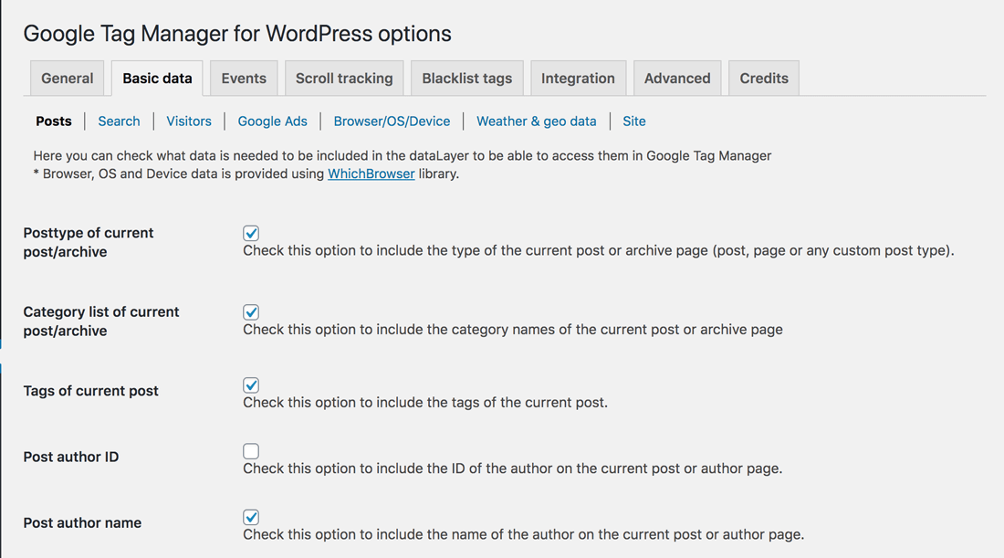 Configurazione del plug-in Tag Manager per WordPress