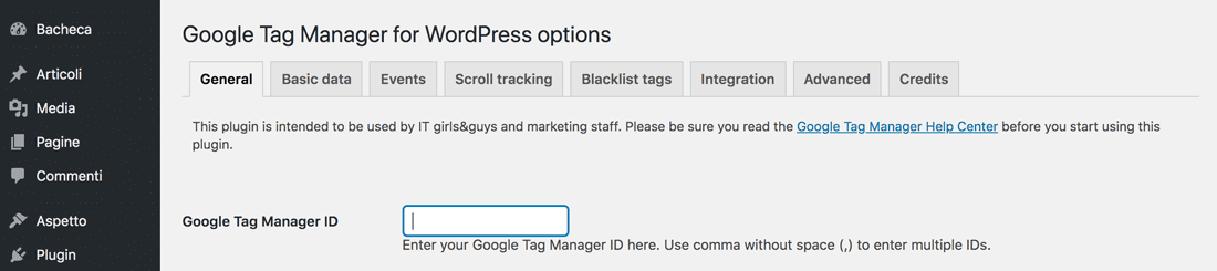 Inserisci il tuo ID Tag Manager