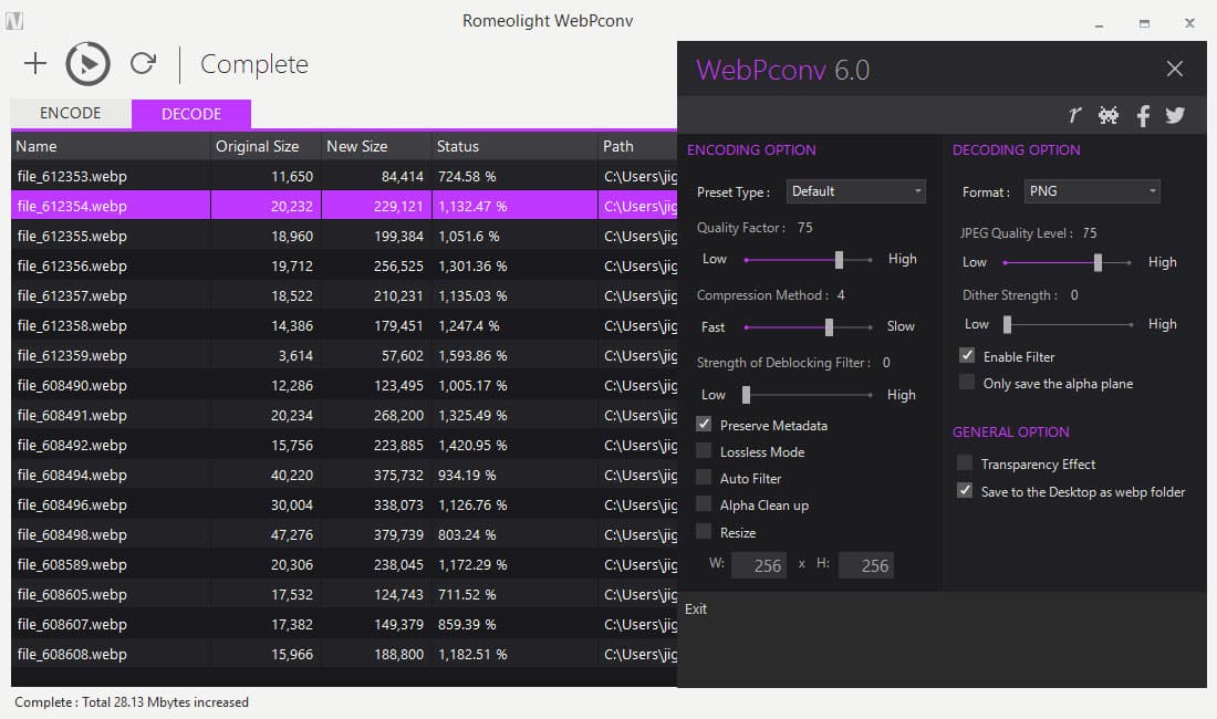 Strumento gratuito Webpconv per convertire immagini di Windows WebP