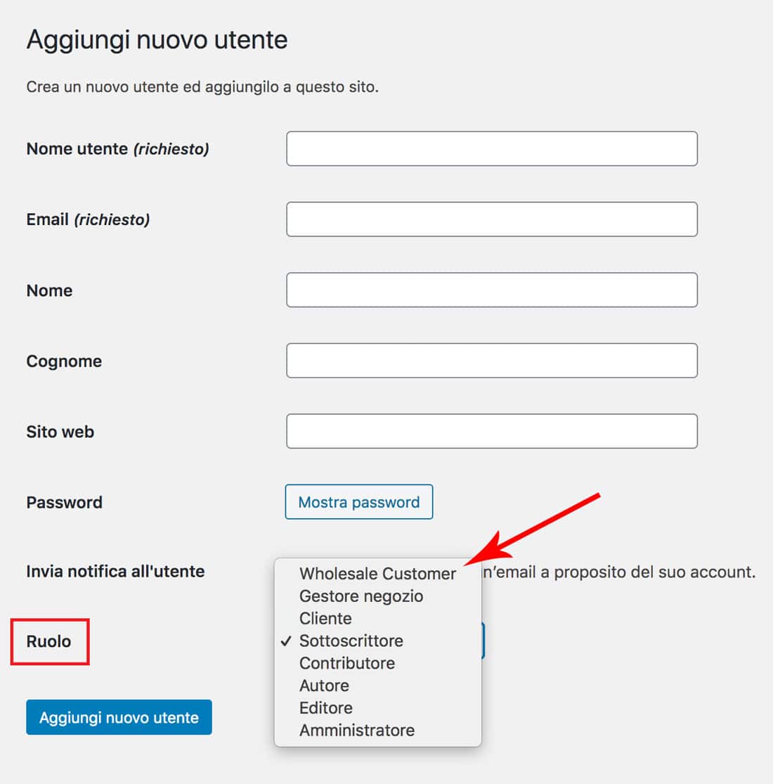 ruolo utente - Prezzi all'ingrosso WooCommerce