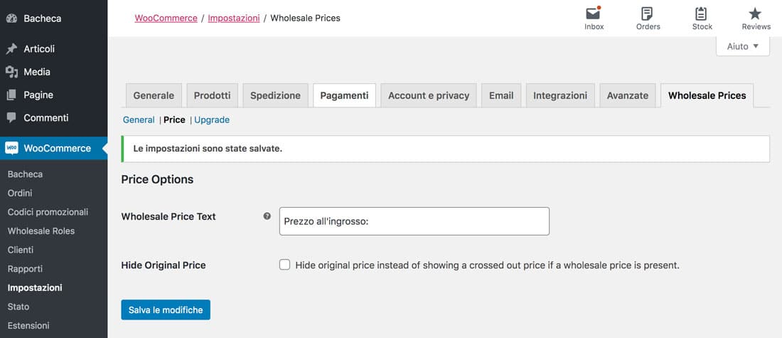 opzioni di prezzo - Prezzi all'ingrosso WooCommerce