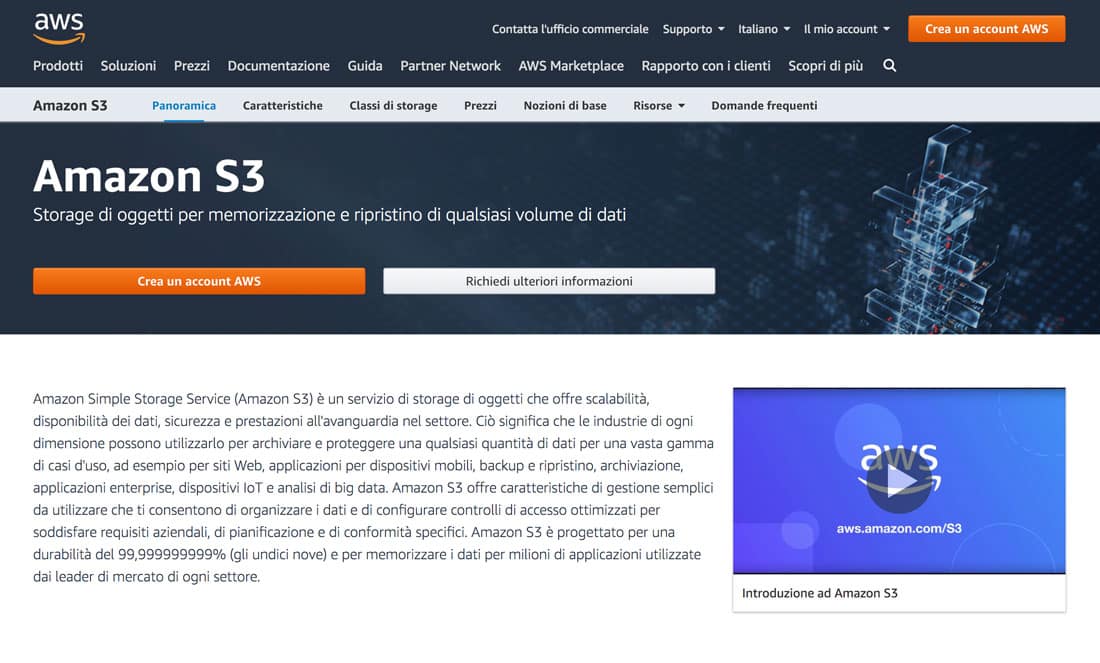 La Homepage di Amazon S3