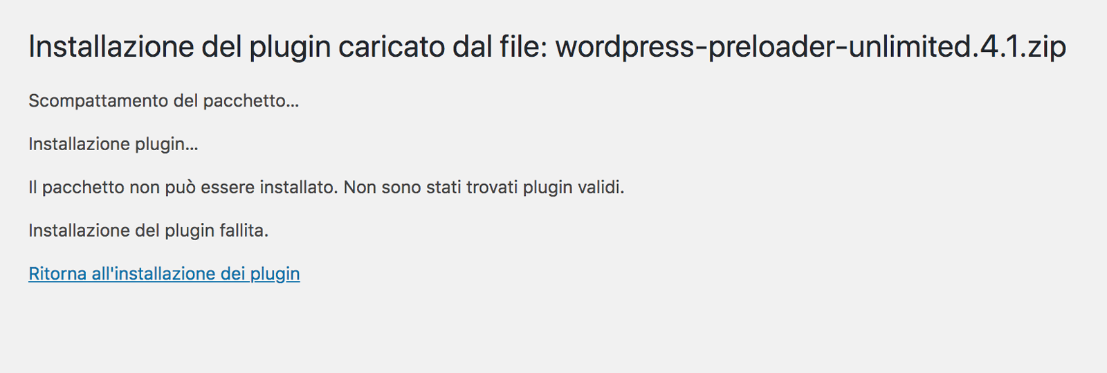 Plugin installato da un file zip