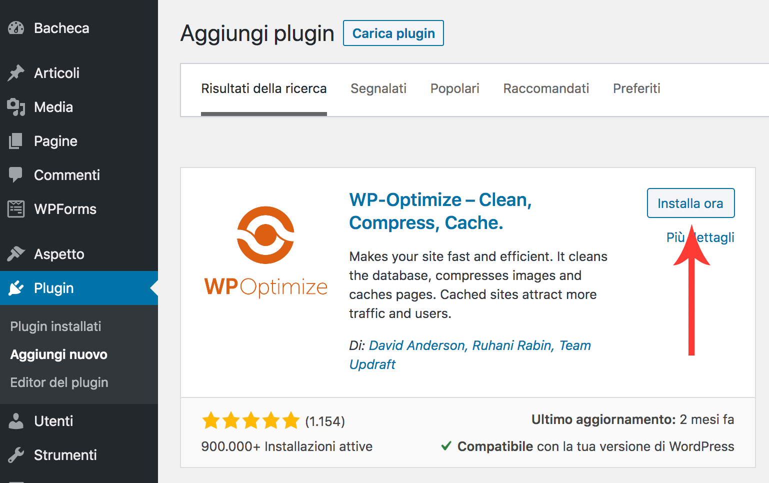 Installare un plugin WordPress dall'area di amministrazione tramite la ricerca