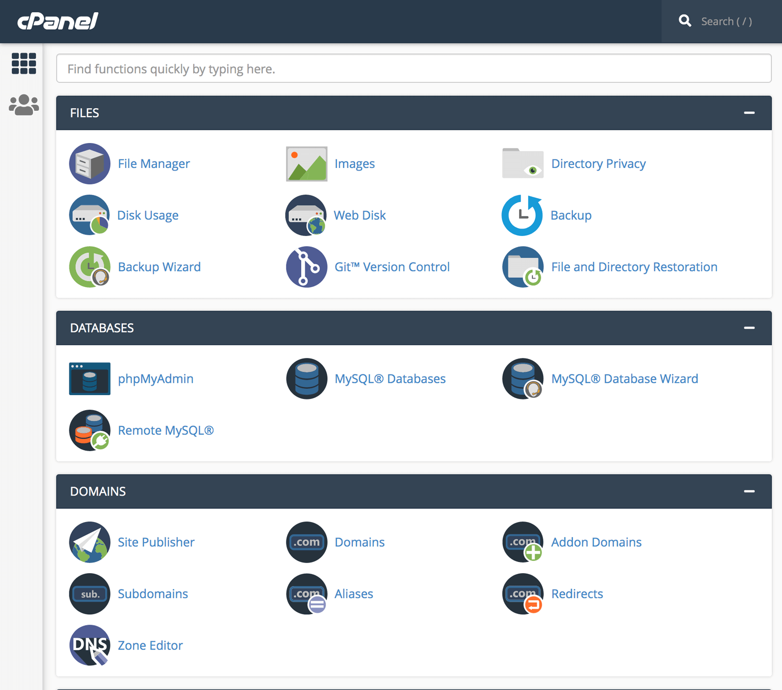 pagina base del pannello cPanel