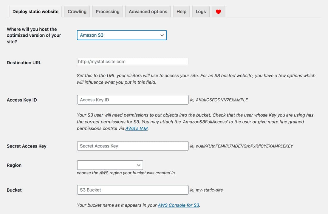 I campi di configurazione dell'installazione di Amazon S3 con WP2Static