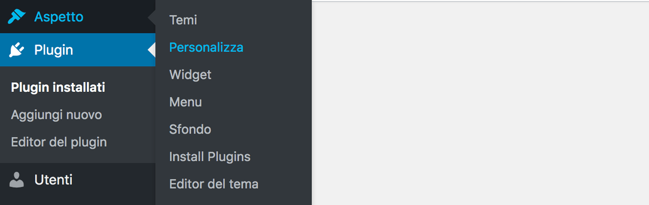 Il customizer può essere trovato facendo clic sulle opzioni Personalizza del menu Aspetto.