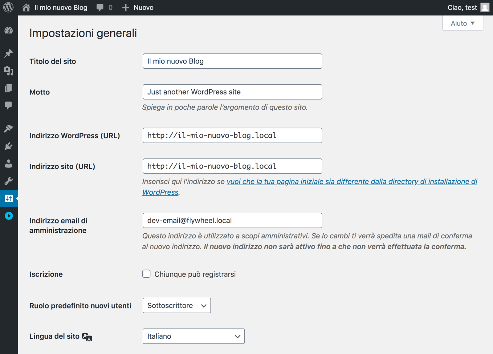 Queste sono le impostazioni generali per un blog o sito web WordPress.