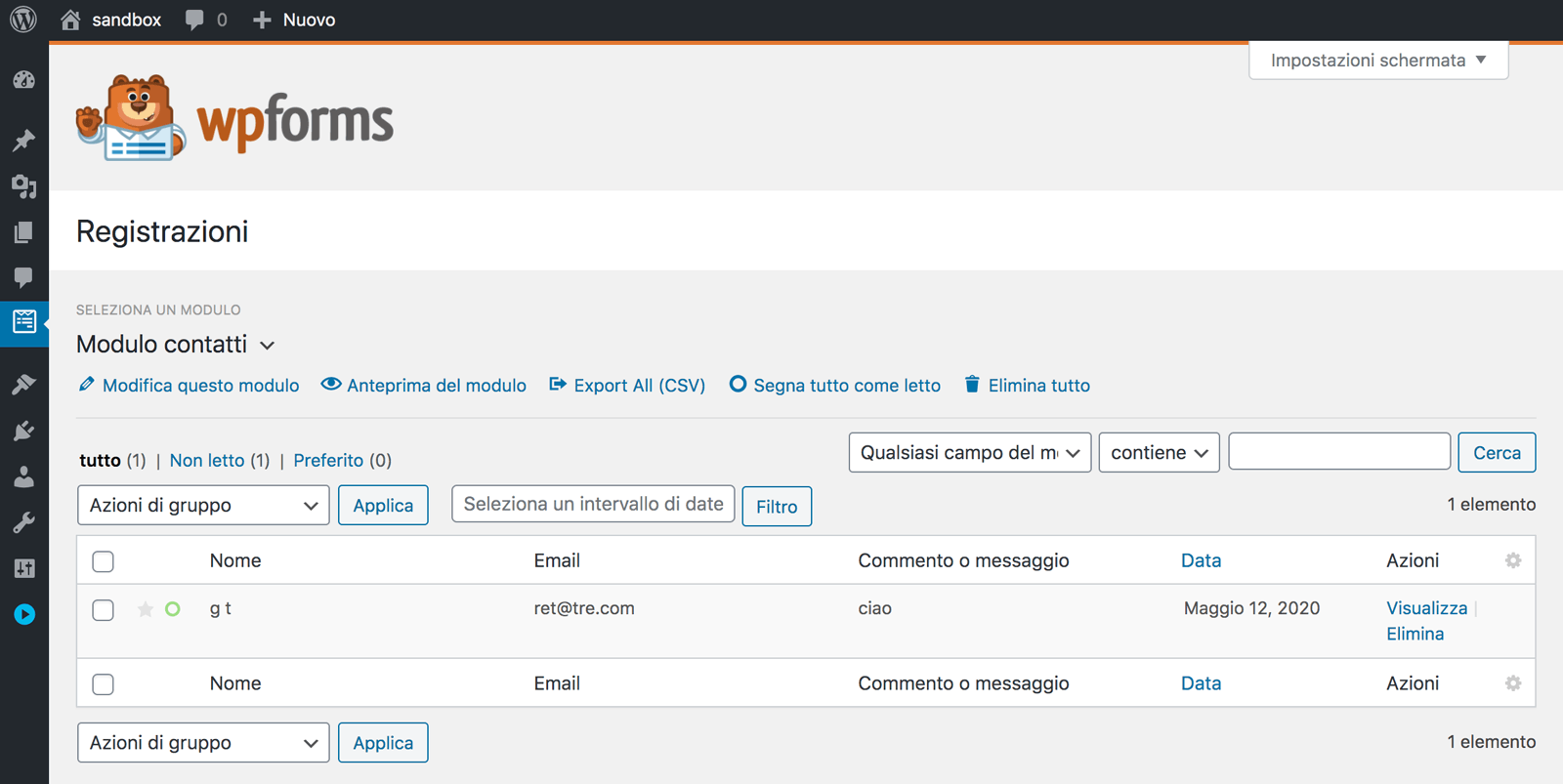 Visualizzazione delle registrazione dei form