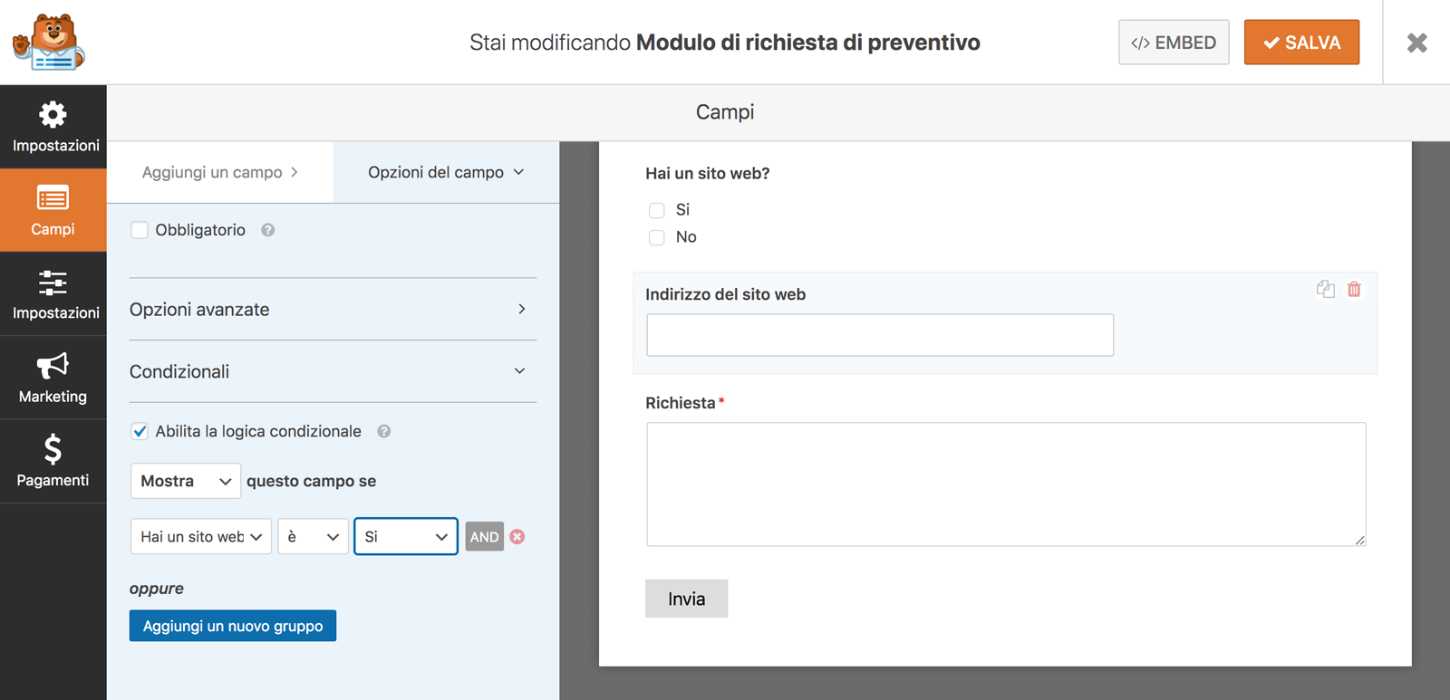 La logica condizionale di WPForms