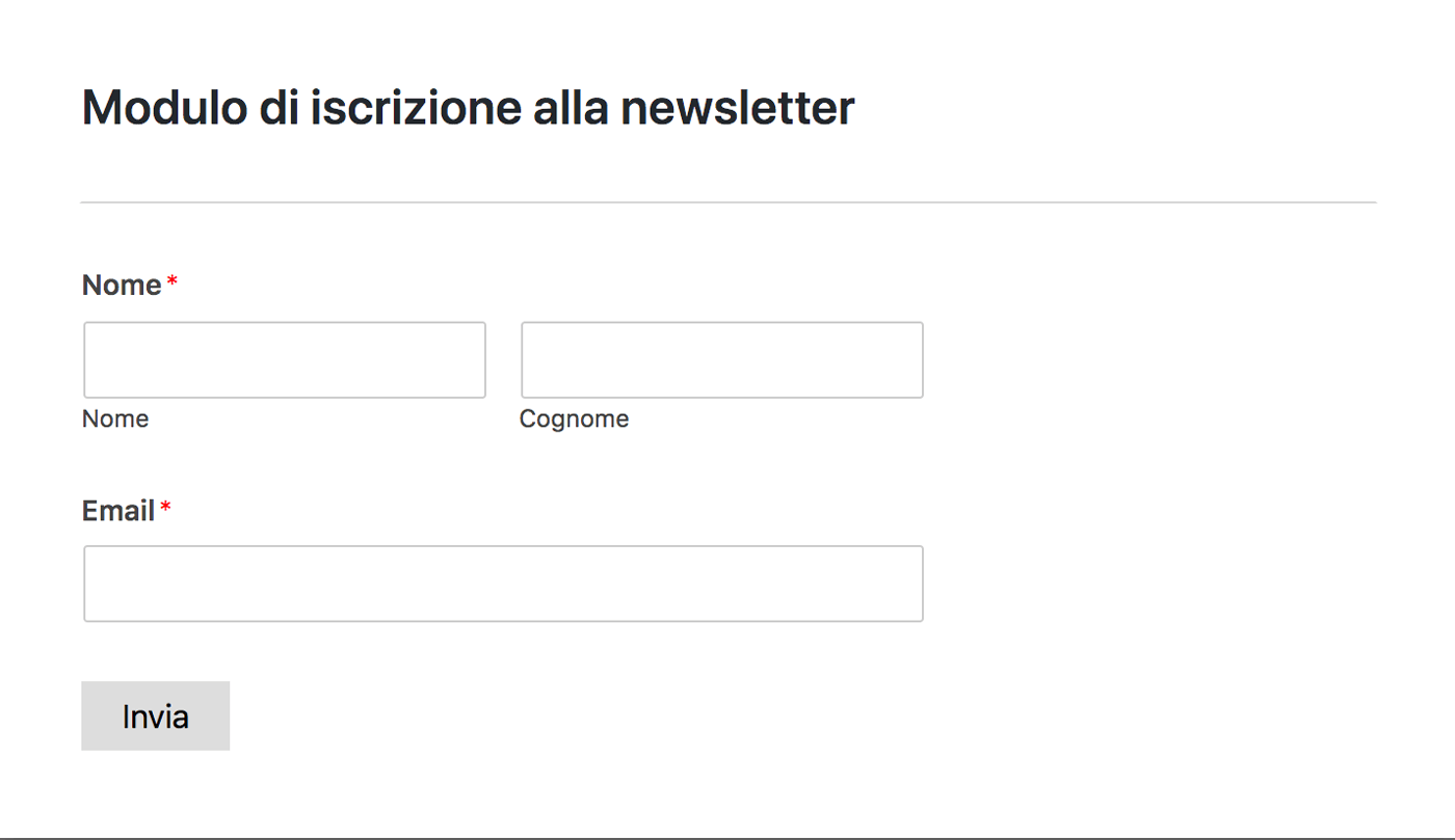 Template del modulo di iscrizione alla newsletter