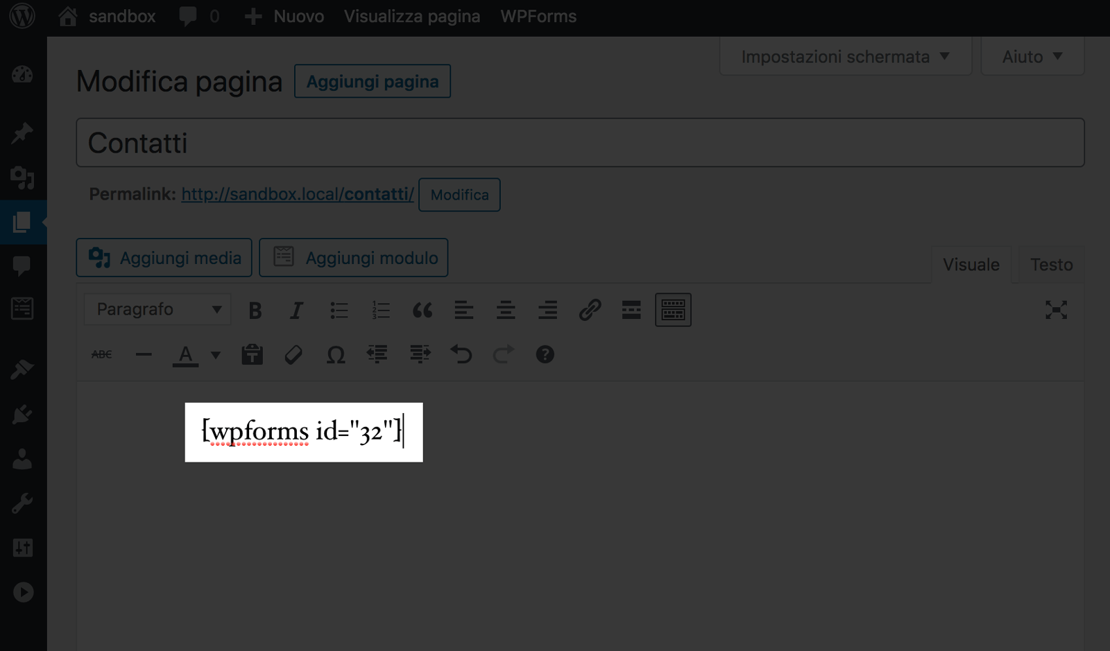 Shortcode del modulo di contatto