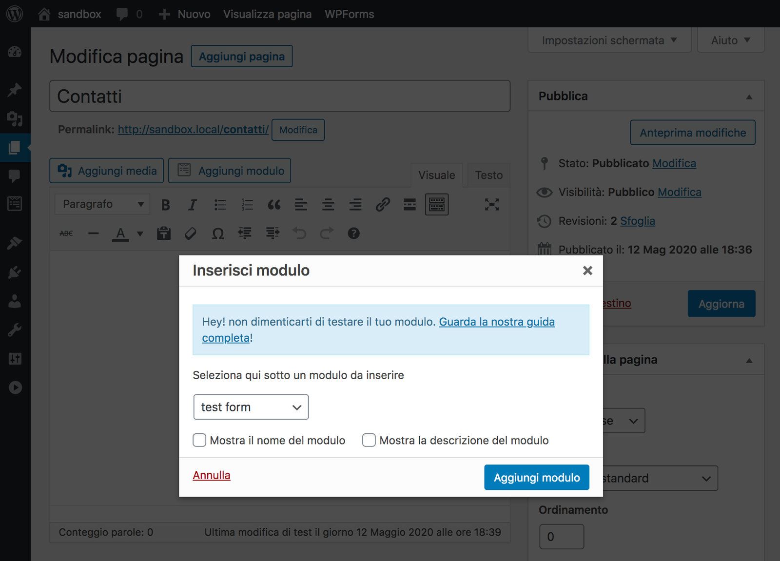 Finestra di dialogo Inserisci modulo