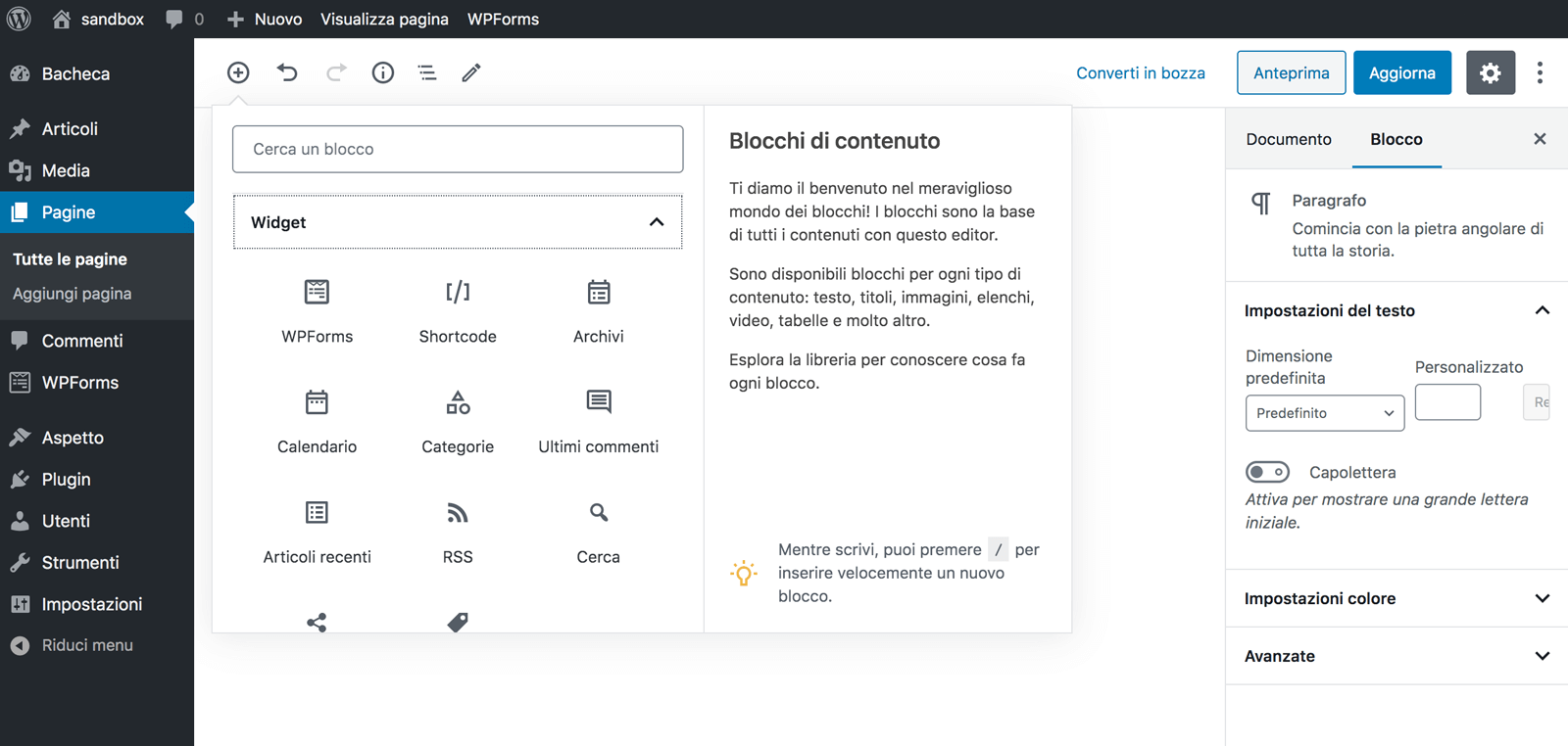 Scegli quale modulo inserire da Gutenberg