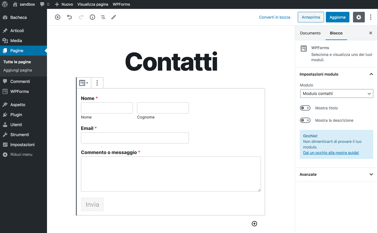 Visualizzazione di un modulo nell'editor Gutenberg