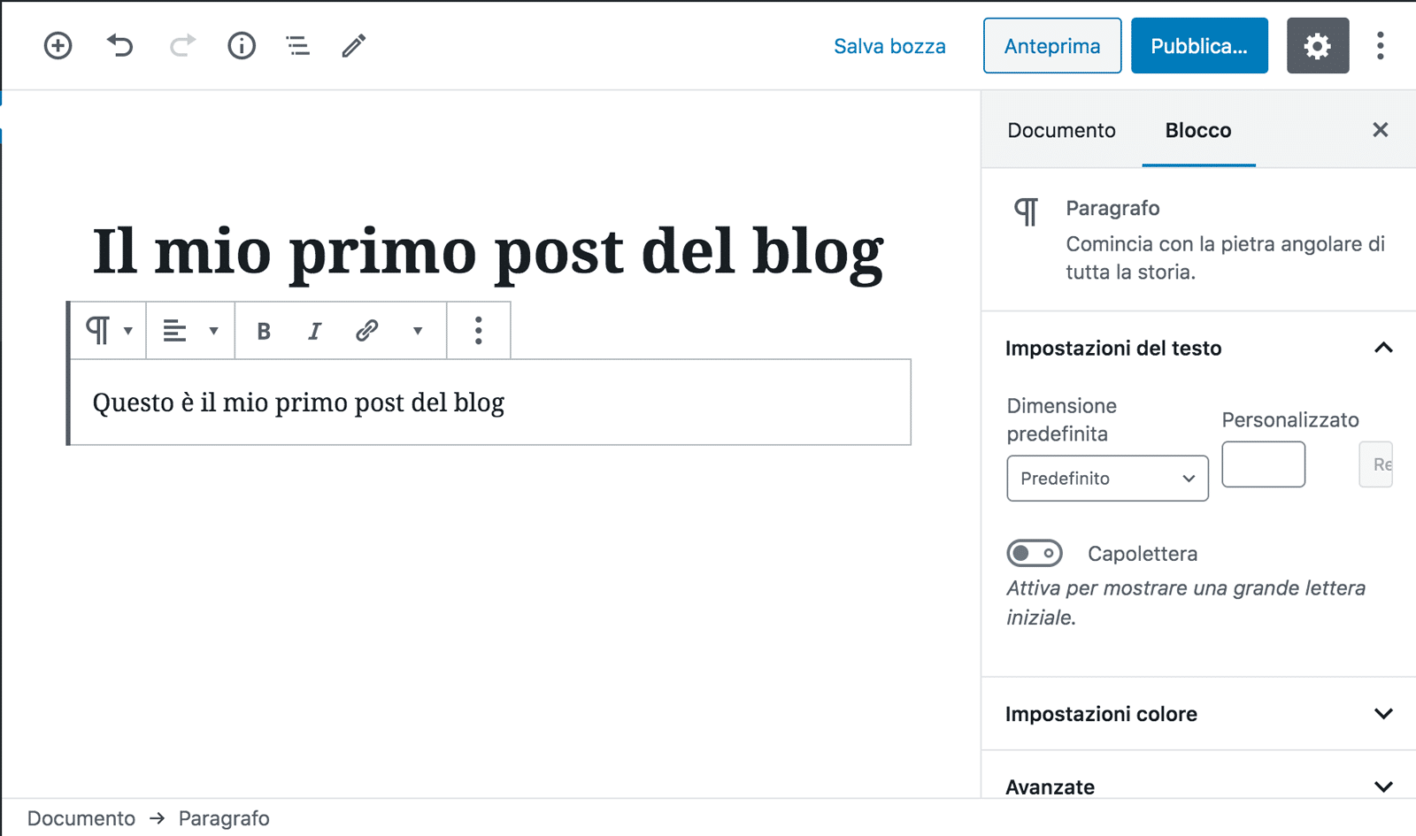 L'editor di WordPress ti consente di creare post per il tuo blog.