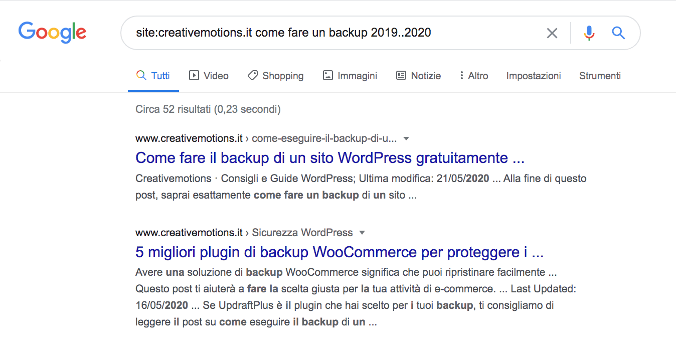 Esempio di operatori di ricerca Google