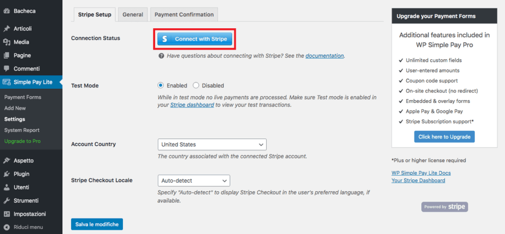 Connettere Stripe e WP Simple Pay
