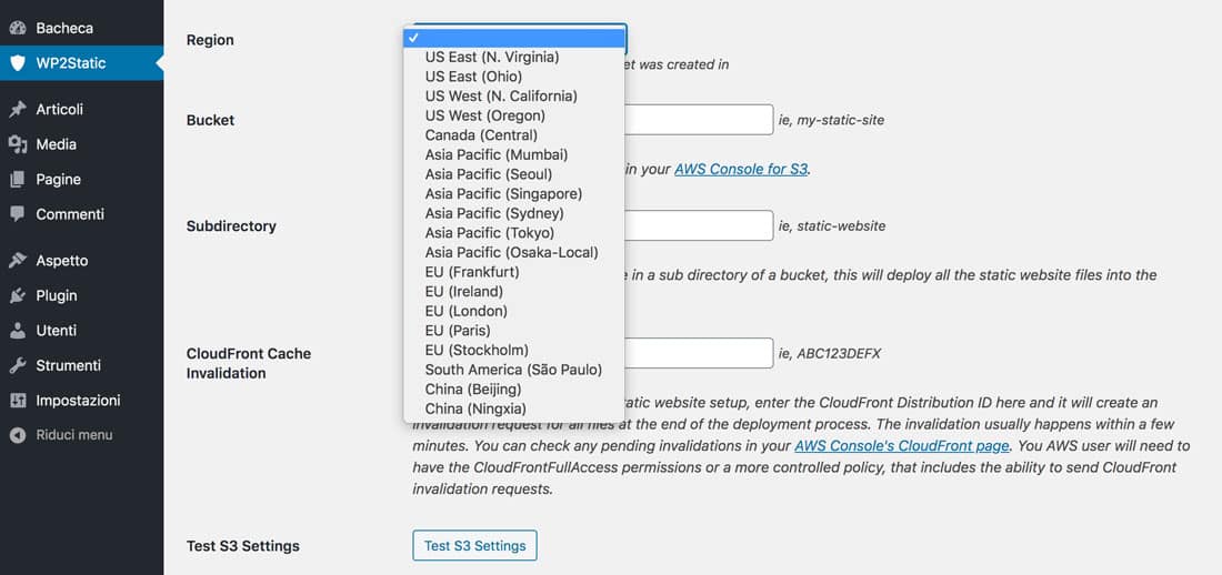 Configurazione della regione del bucket AWS per il sito WordPress headless