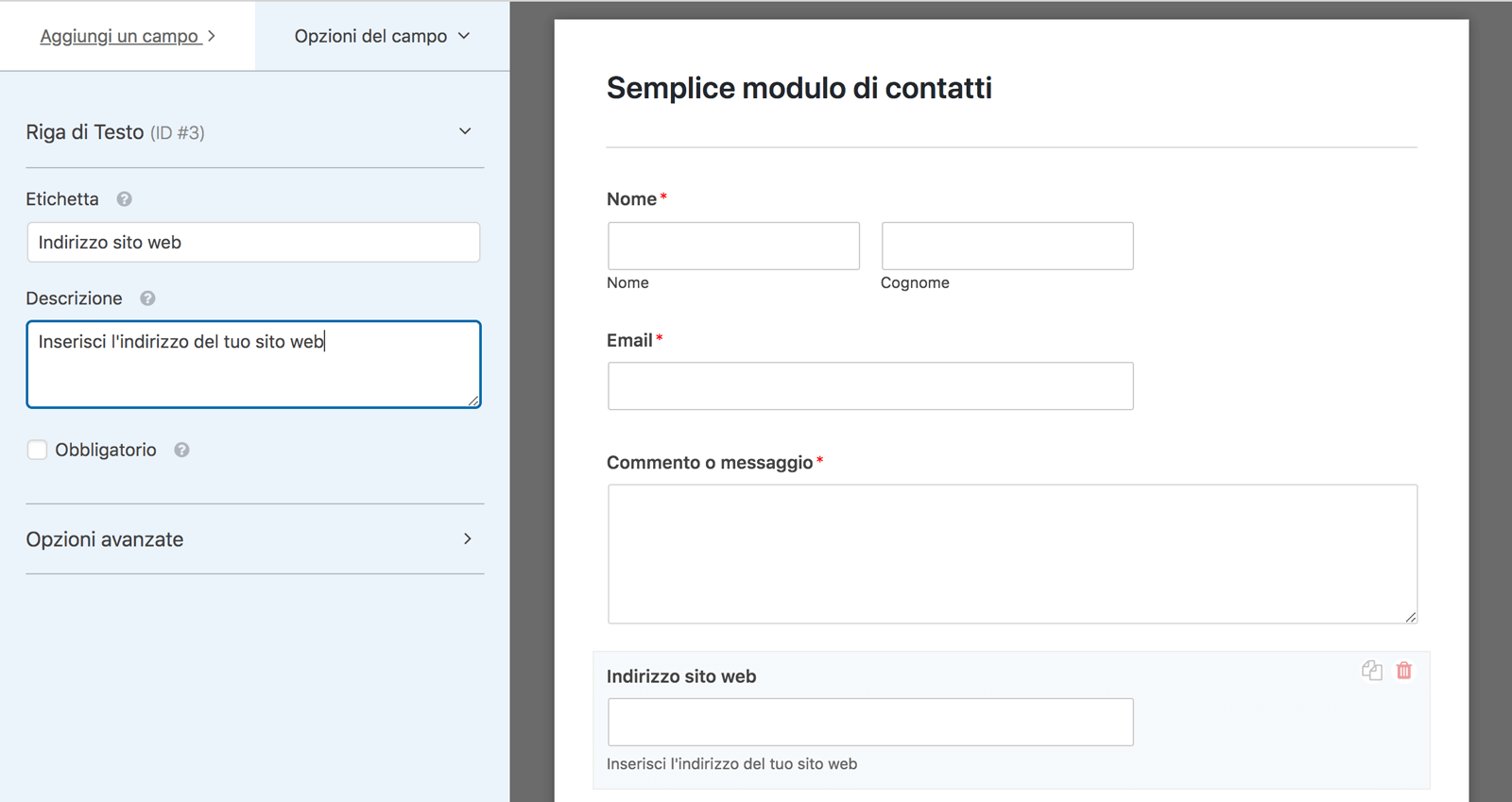 Modifica di un campo di WPForms