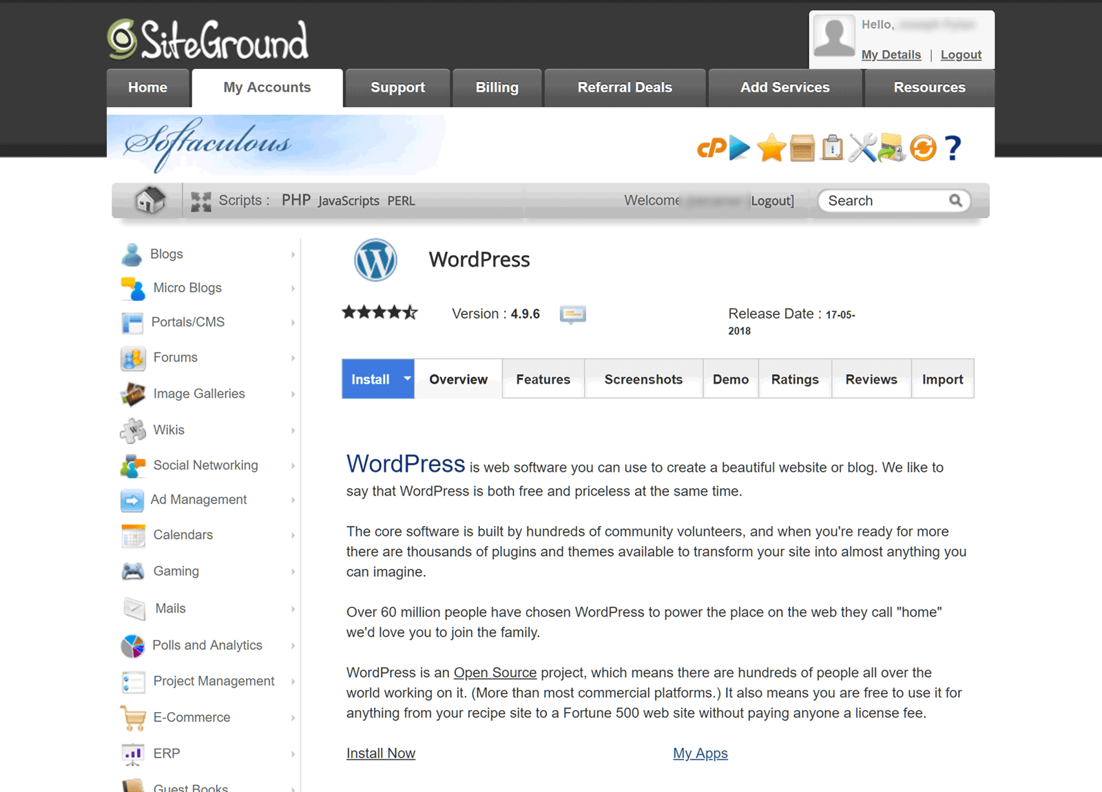 Il pulsante installa ora WordPress di Siteground