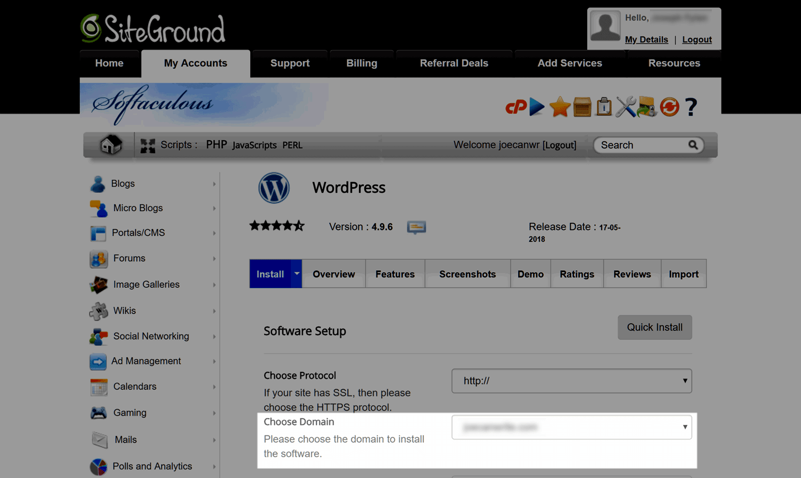 Quick installer di Siteground