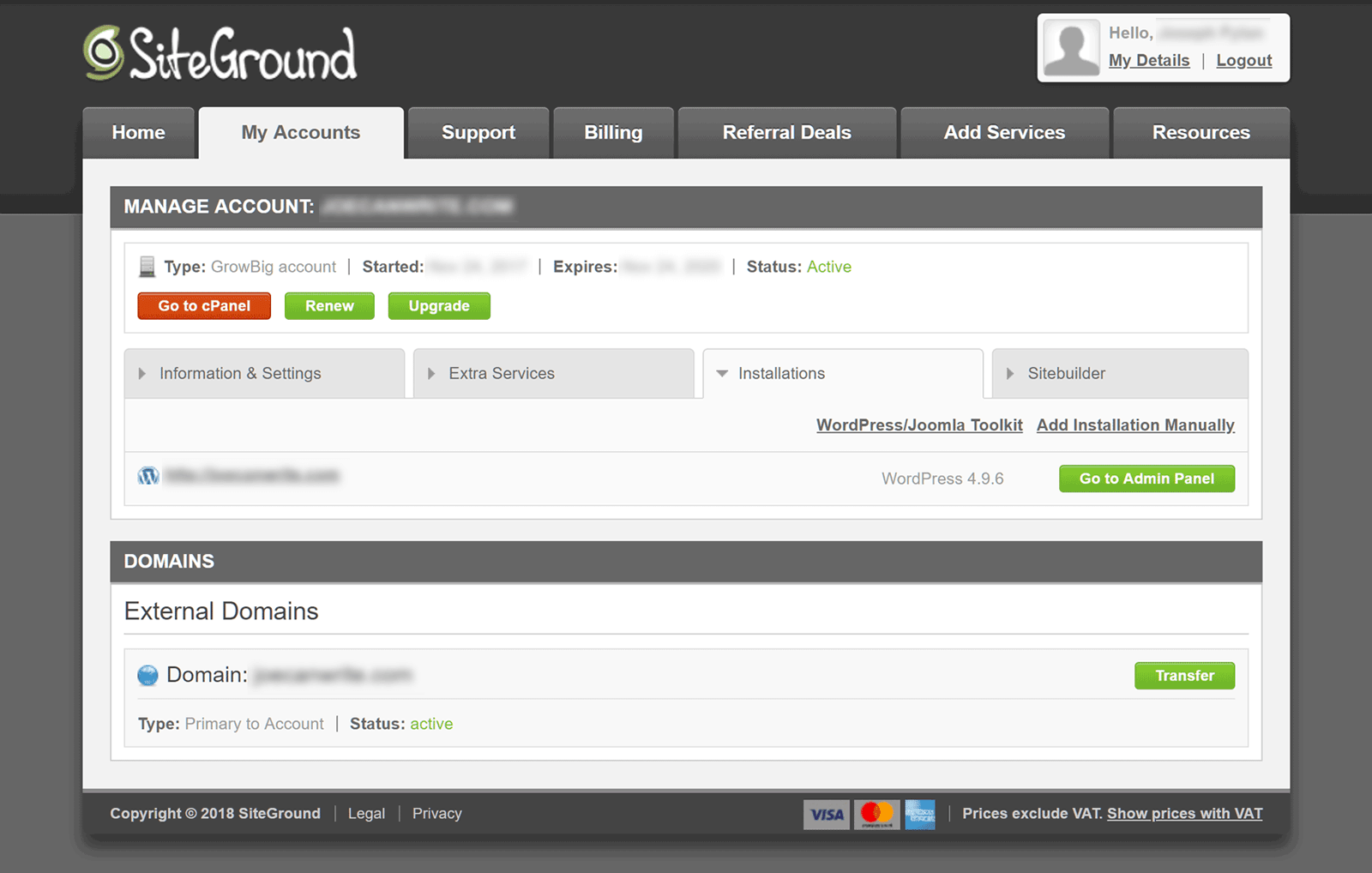 L'area account di Siteground