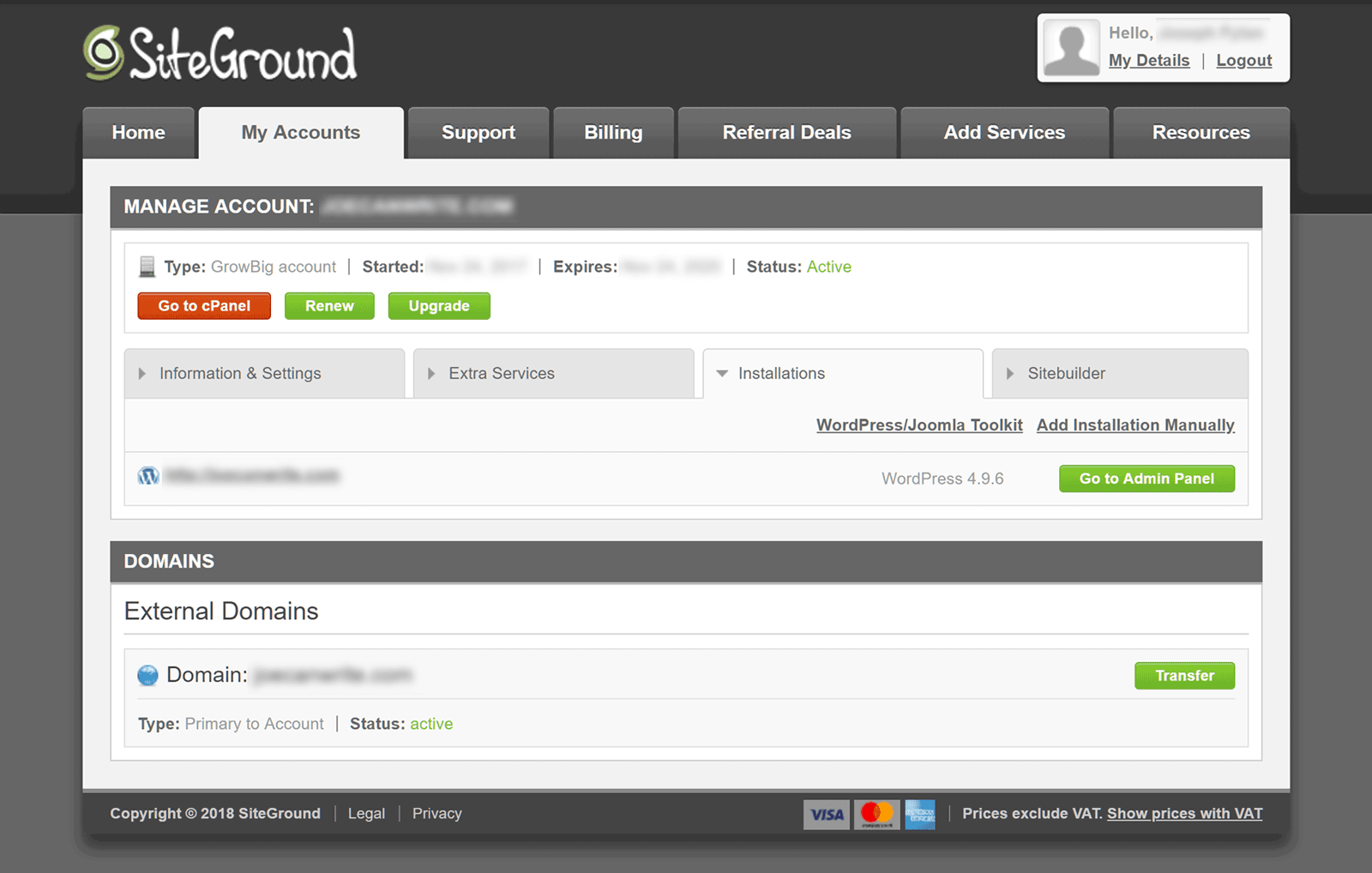 La sezione my accounts di siteground