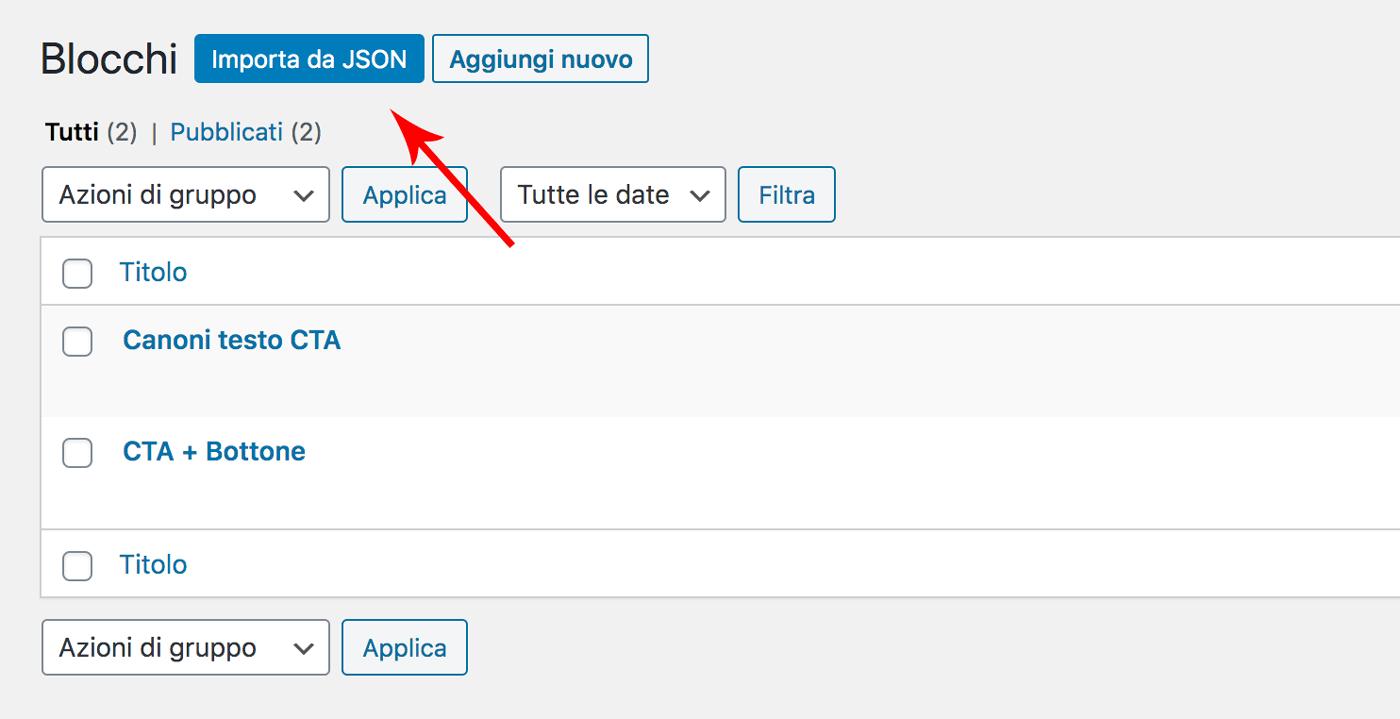 importazione da JSON - blocchi riutilizzabili di WordPress