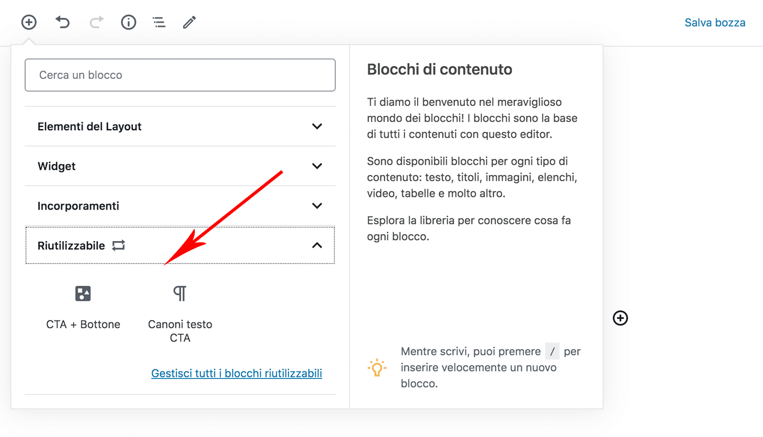 Selezione del blocco riutilizzabile