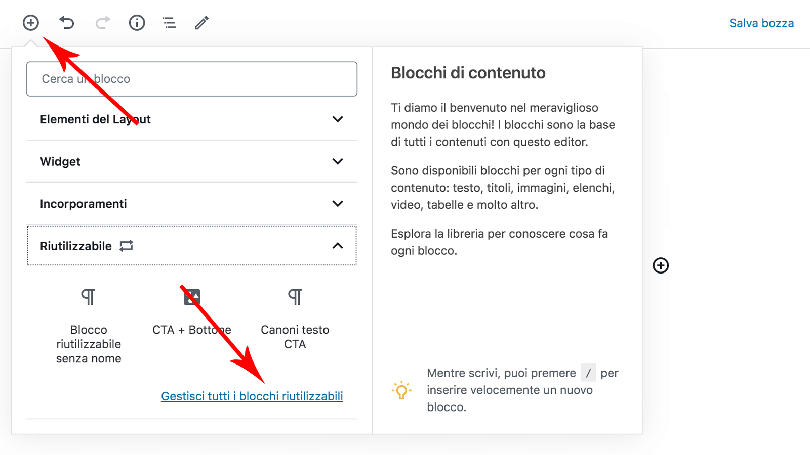 Come accedere all'interfaccia dei blocchi riutilizzabili di Gutenberg