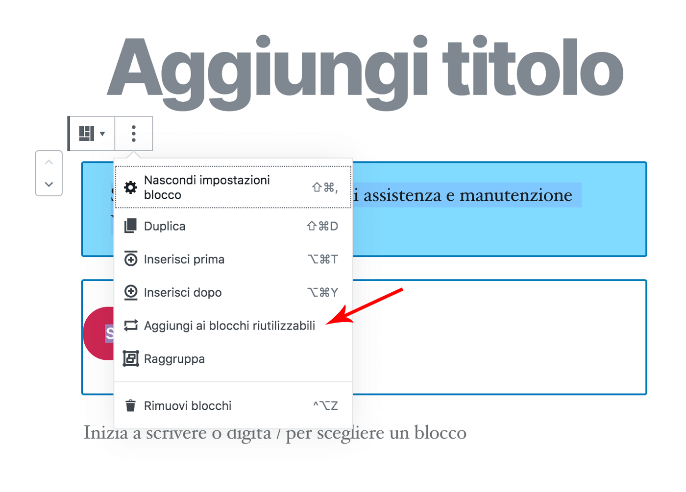 aggiungere ai blocchi riutilizzabili