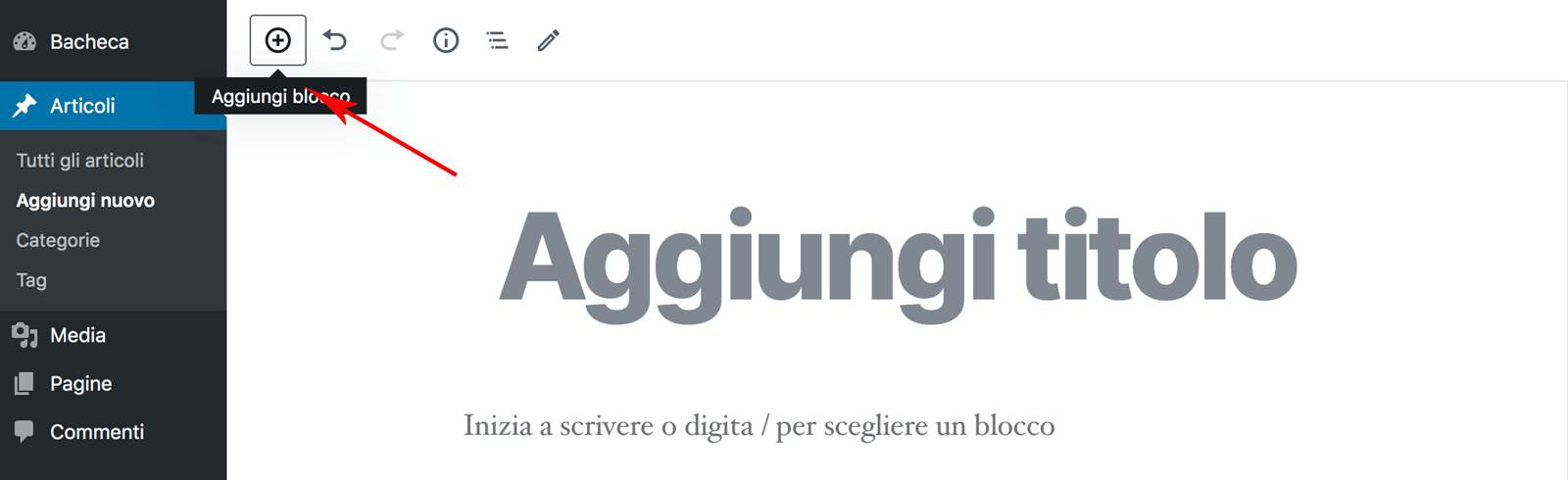 Tasto aggiungi blocco Gutenberg