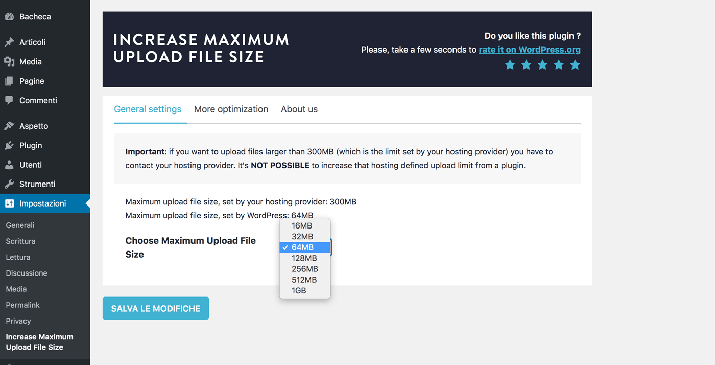 Il plugin Increase Maximum Upload File Size per WordPress