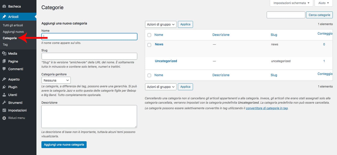 Aggiunta di categorie WordPress