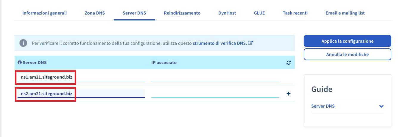 modifica dei dns del dominio