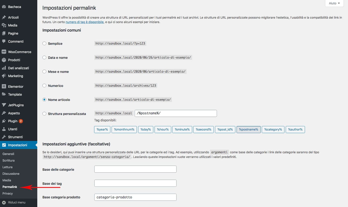 Il menu permalink di WordPress