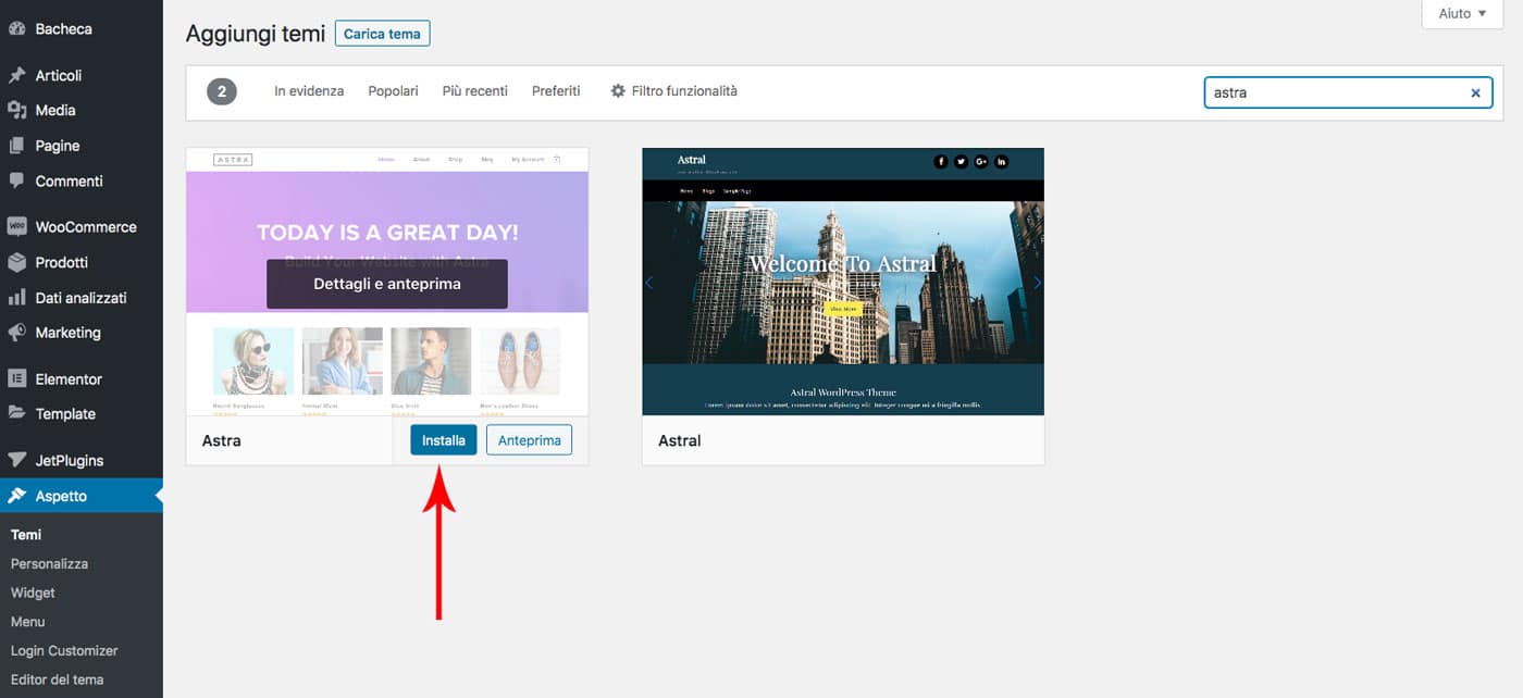 Come creare un sito web:Installazione del tema per WordPress