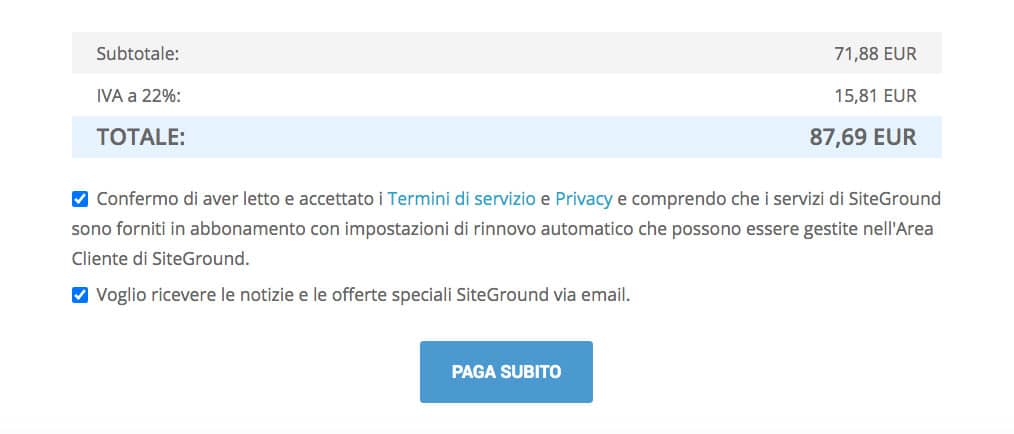 Accetta termini e condizioni di Siteground